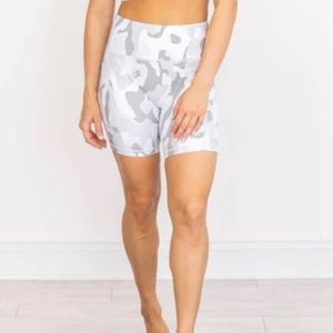 PINK LILY camo grey biker shorts, side pockets, lightly worn!
